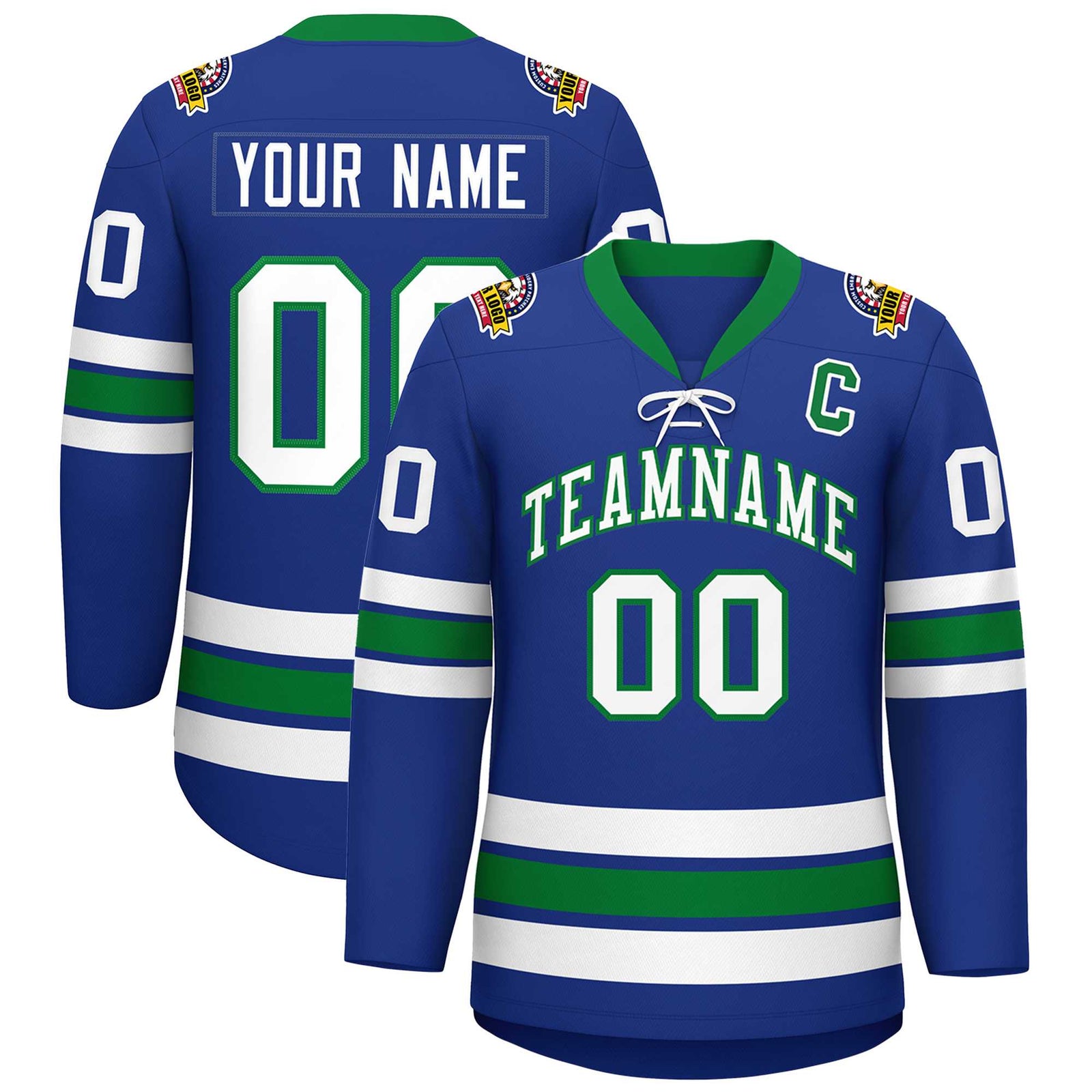 Custom Royal White-Kelly Green Lace-Up Neck Hockey Jersey