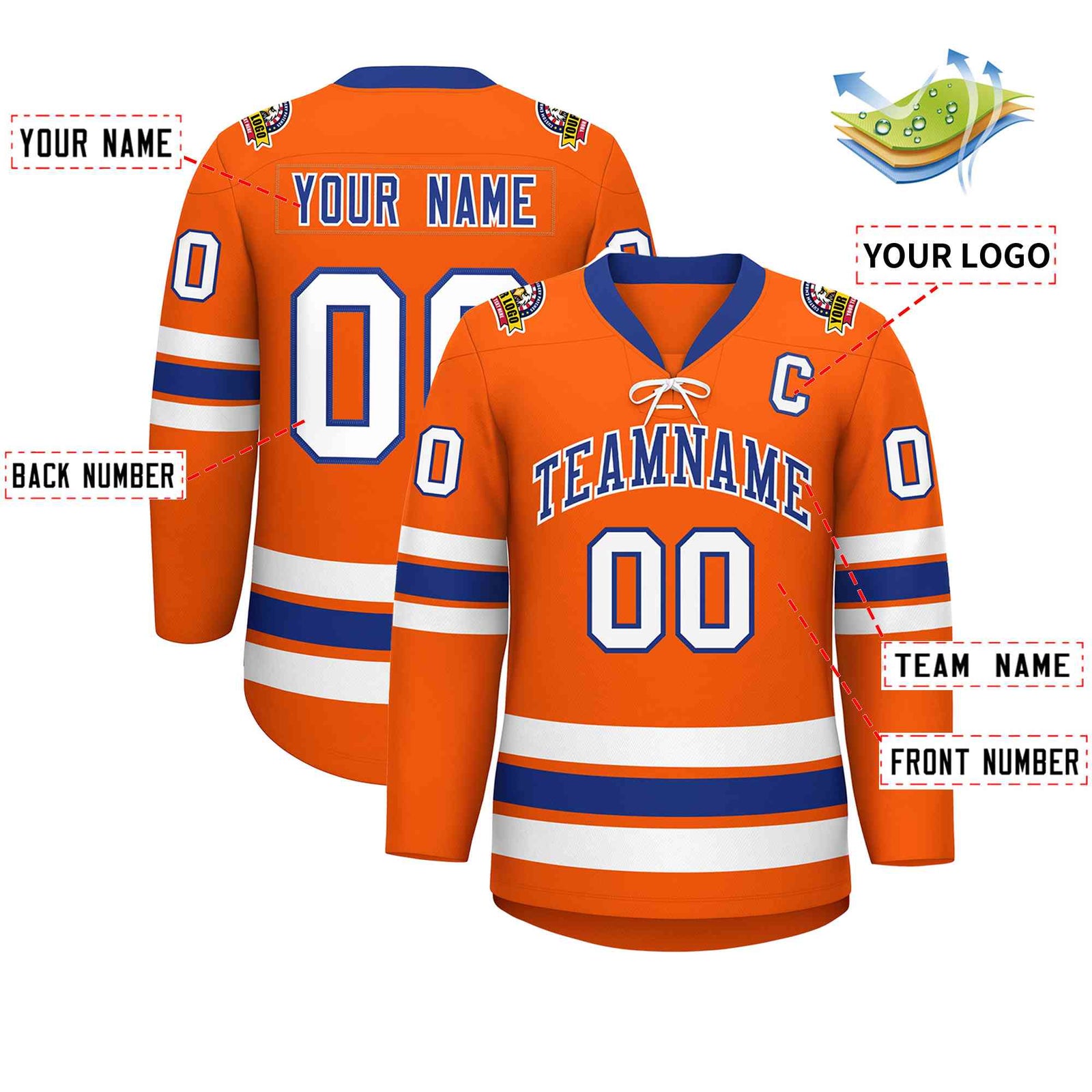 Custom Orange Royal-White Lace-Up Neck Hockey Jersey