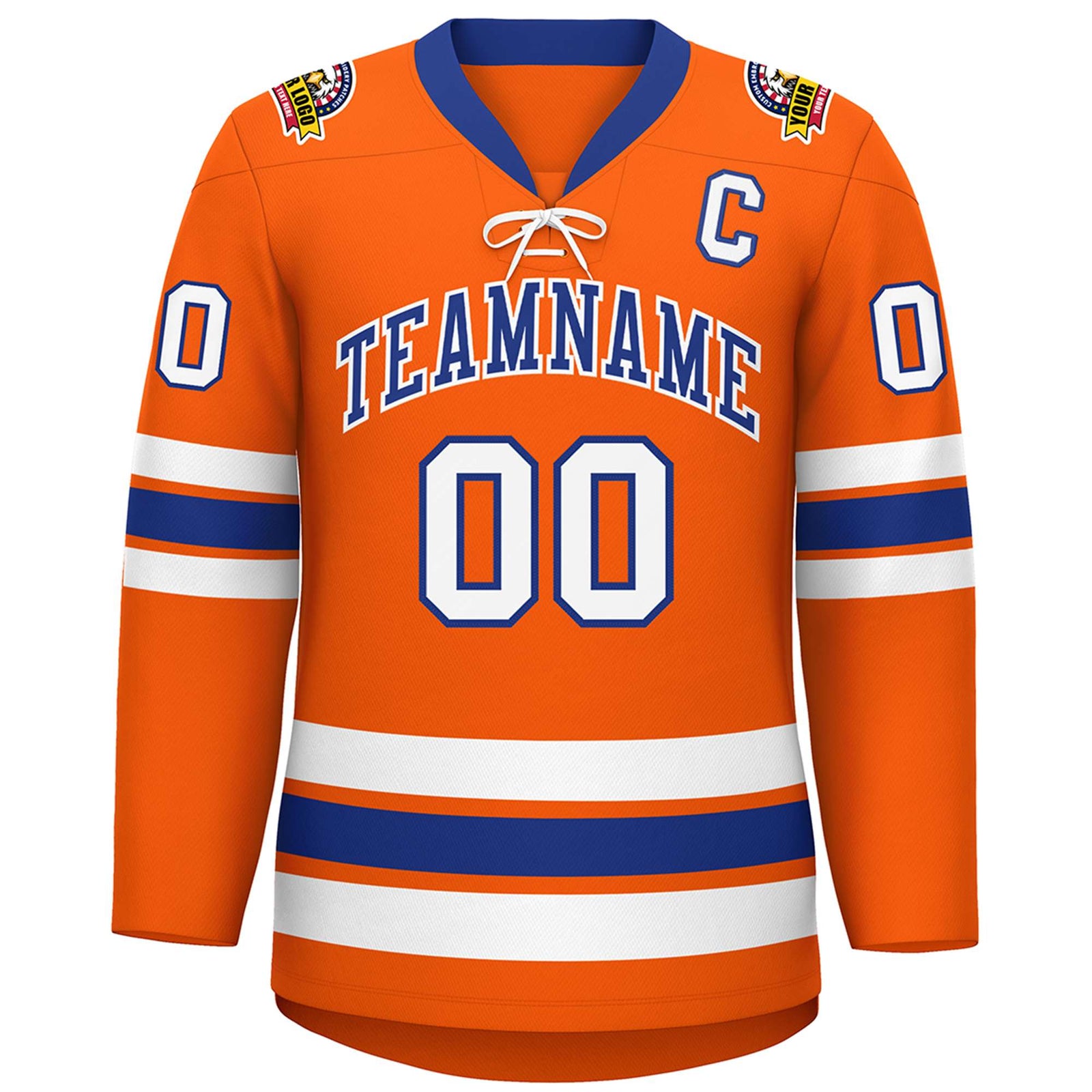 Custom Orange Royal-White Lace-Up Neck Hockey Jersey