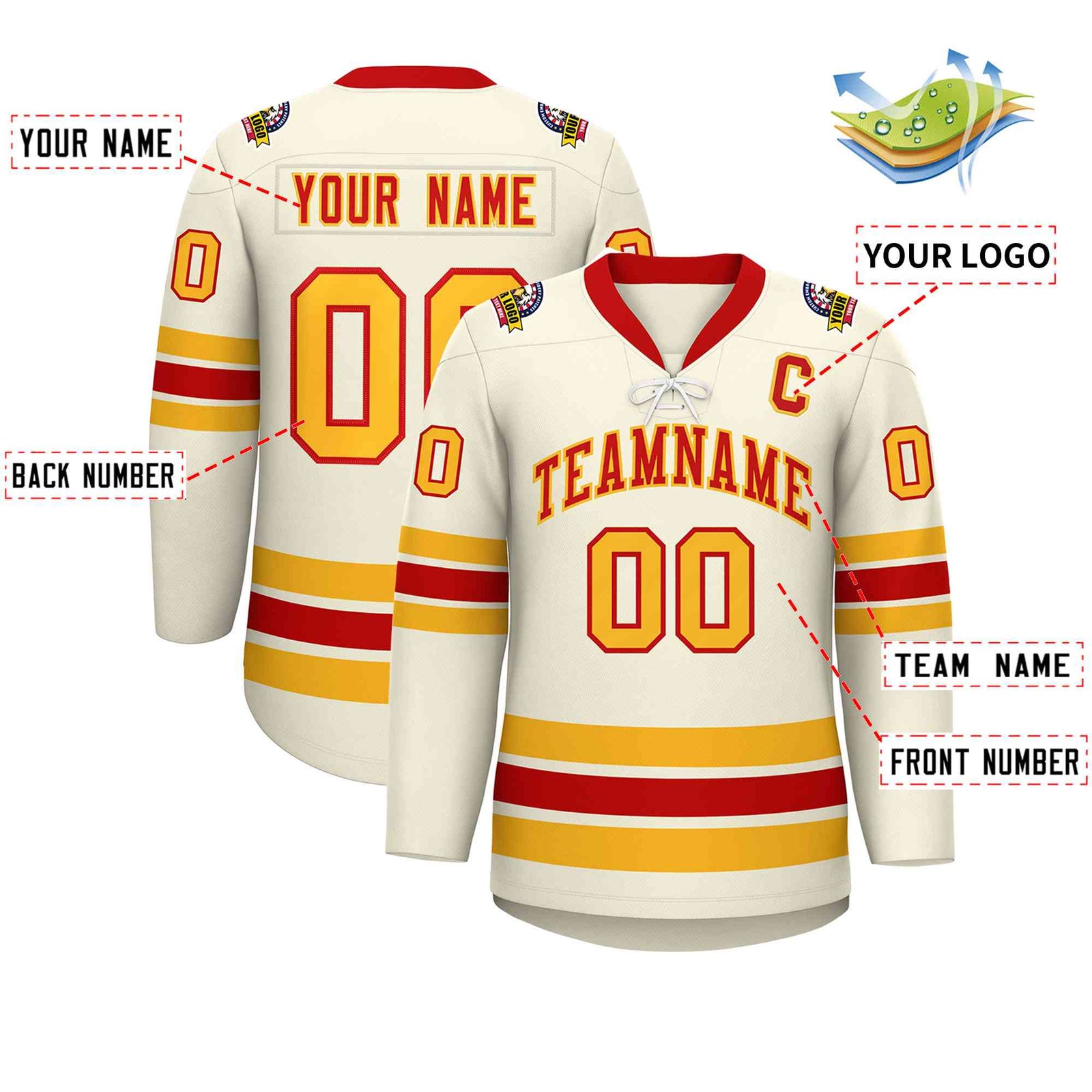 Custom Cream Red-Yellow Lace-Up Neck Hockey Jersey