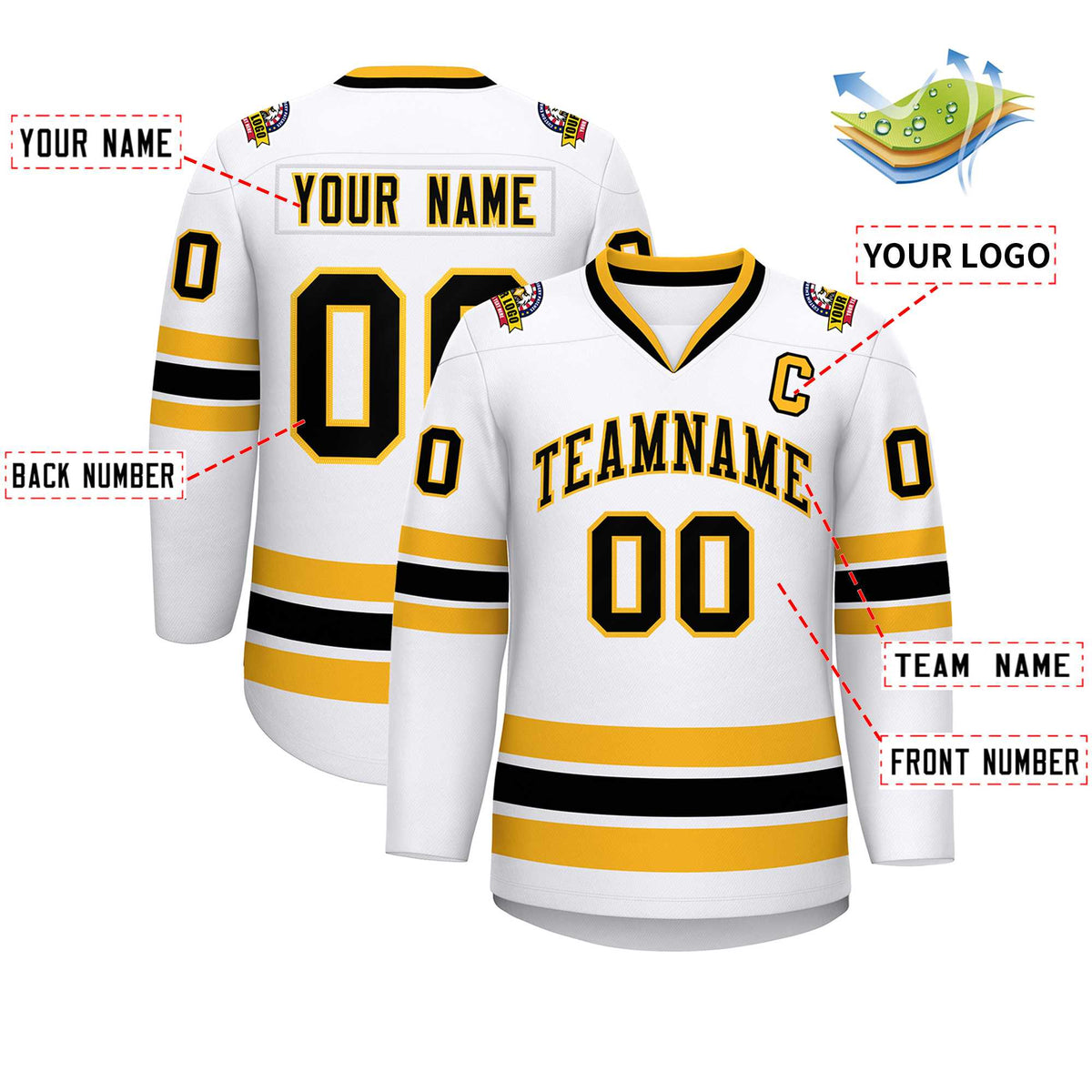 Custom White Black-Gold Classic Style Hockey Jersey