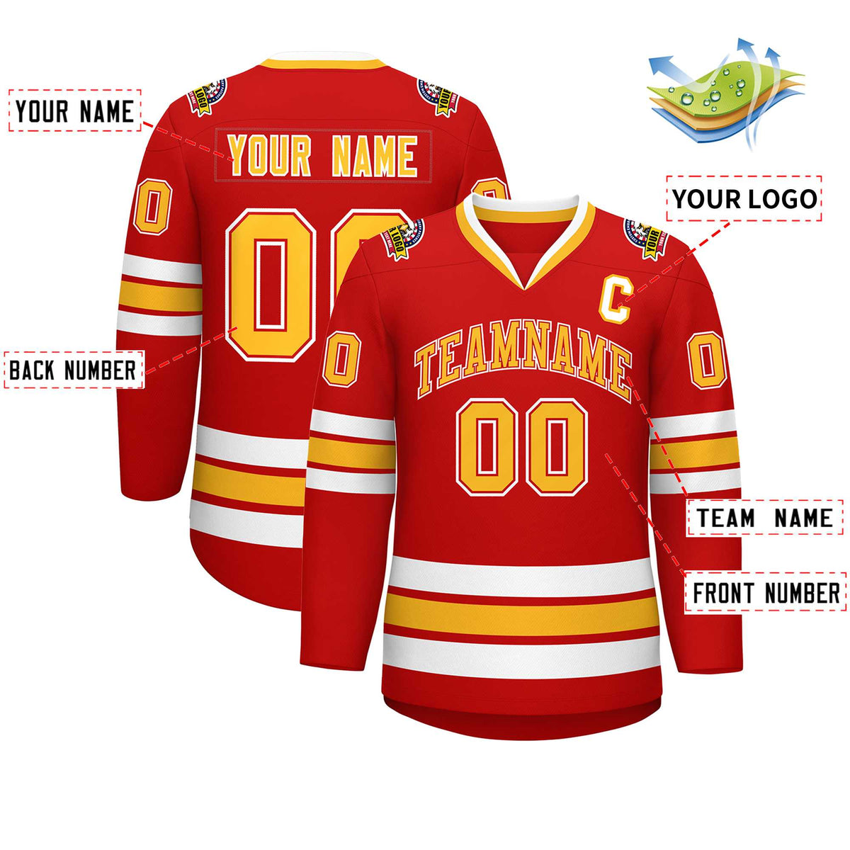 Custom Red Gold Red-White Classic Style Hockey Jersey