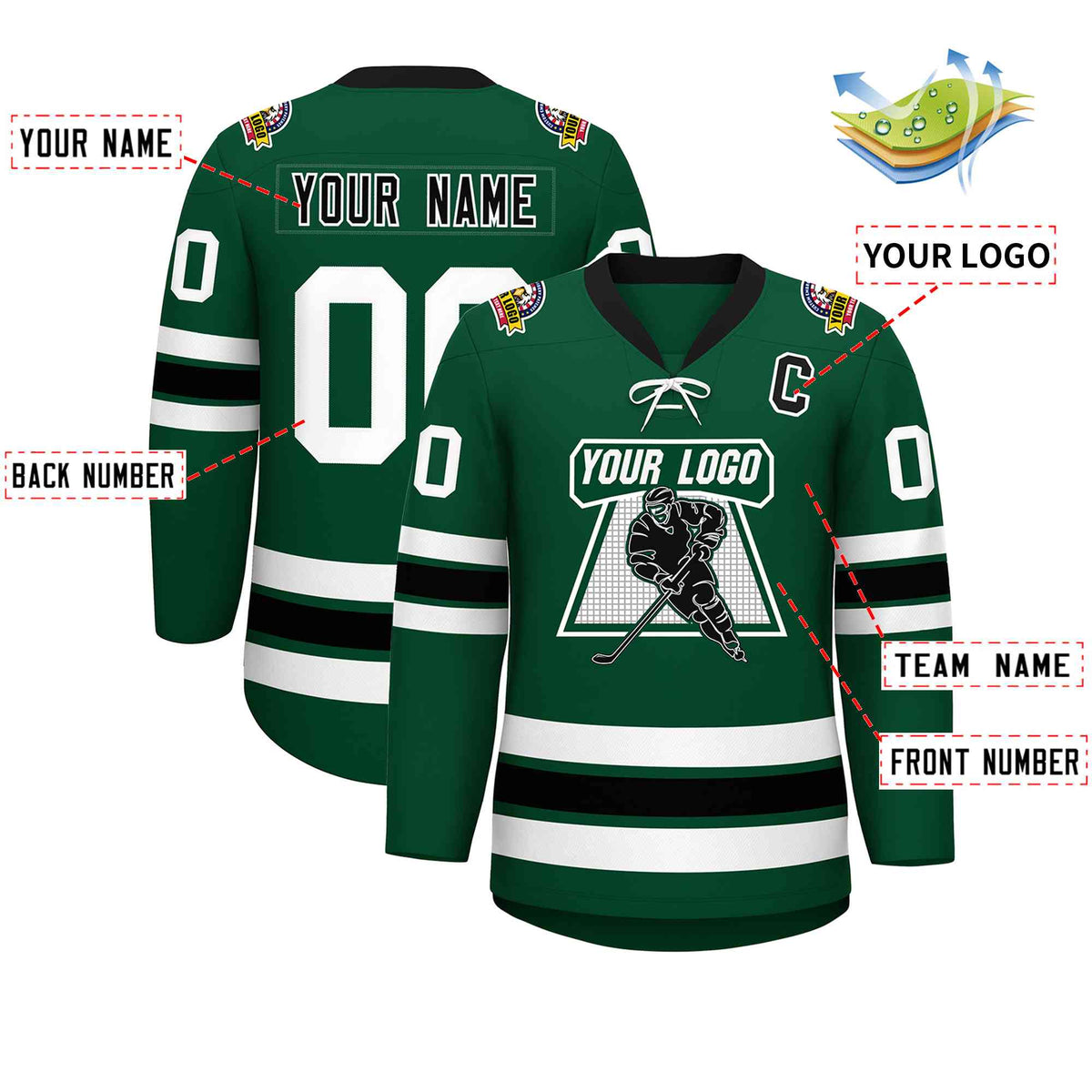 Custom Green Black-White Lace-Up Neck Hockey Jersey
