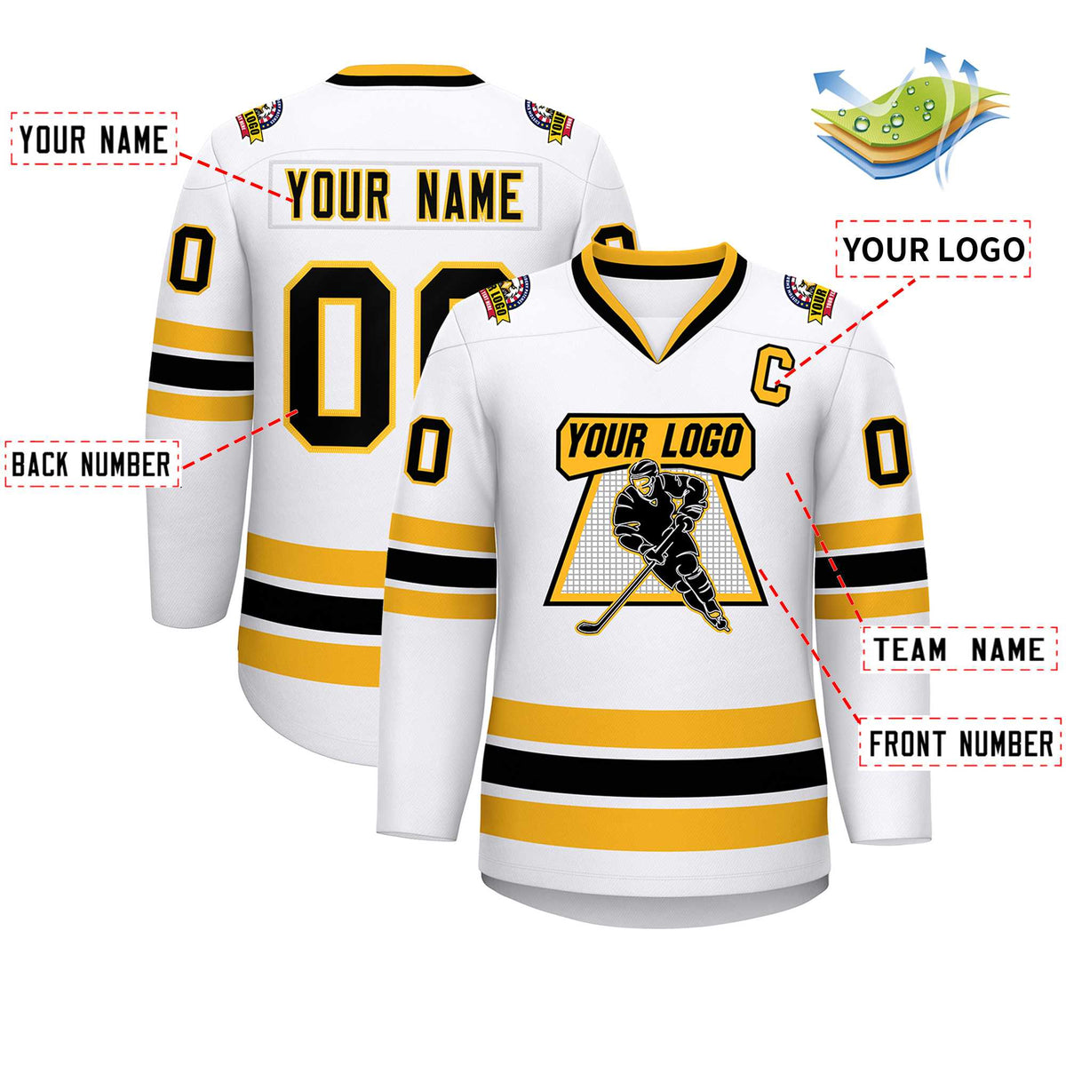 Custom White Black-Gold Classic Style Hockey Jersey