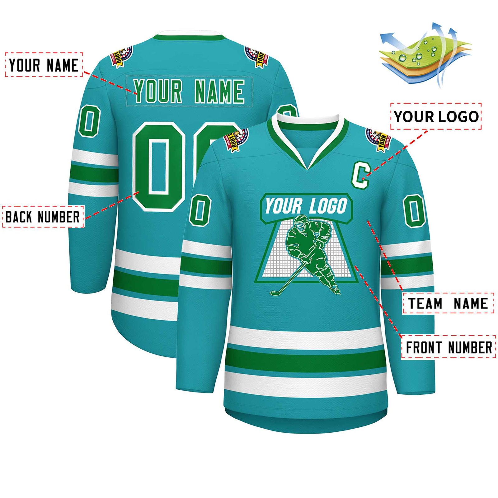 Custom Aqua Kelly Green-White Classic Style Hockey Jersey