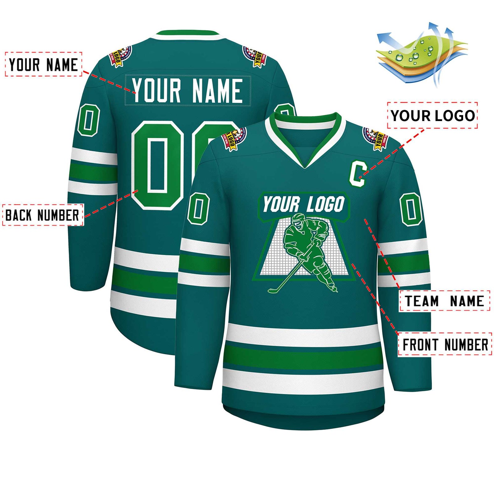 Custom Aqua Kelly Green-White Classic Style Hockey Jersey