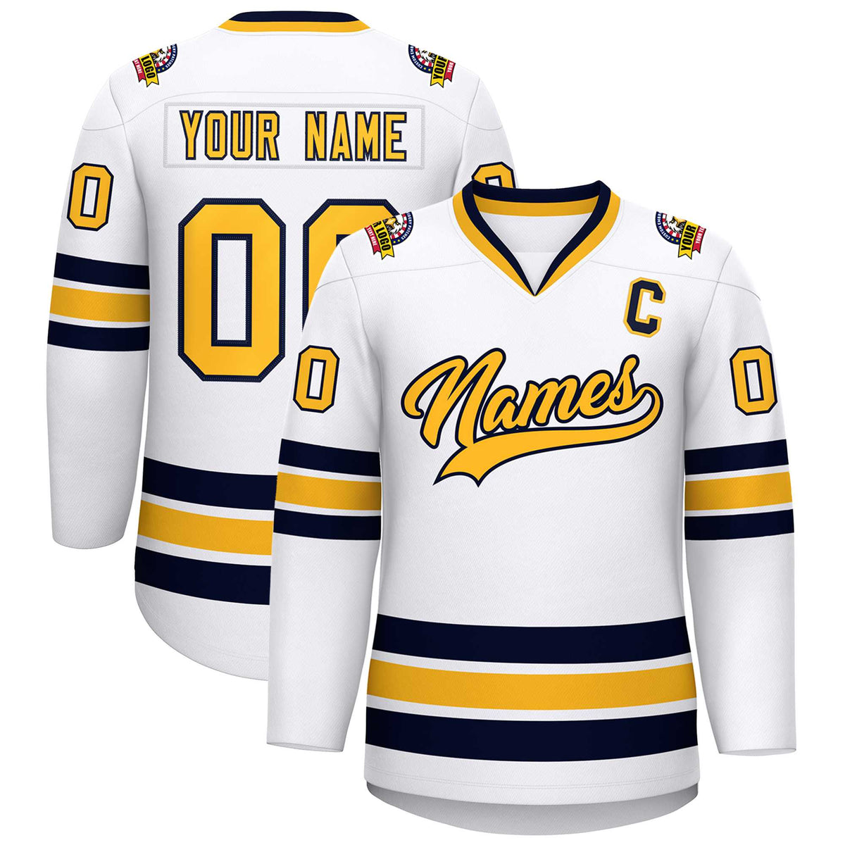 Custom White Gold-Navy Classic Style Hockey Jersey