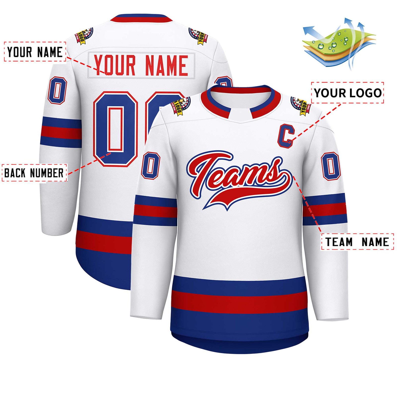 Custom White Red White-Royal Classic Style Hockey Jersey