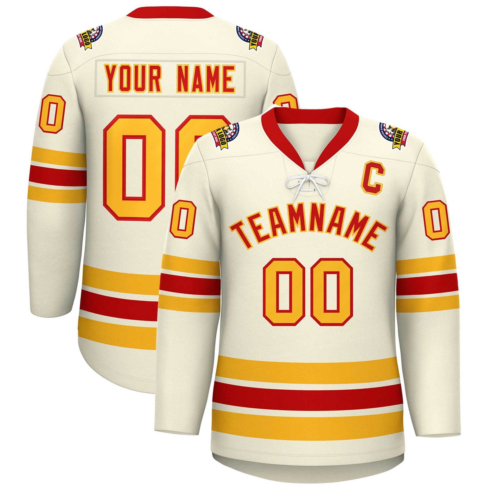 Custom Cream Red-Yellow Lace-Up Neck Hockey Jersey