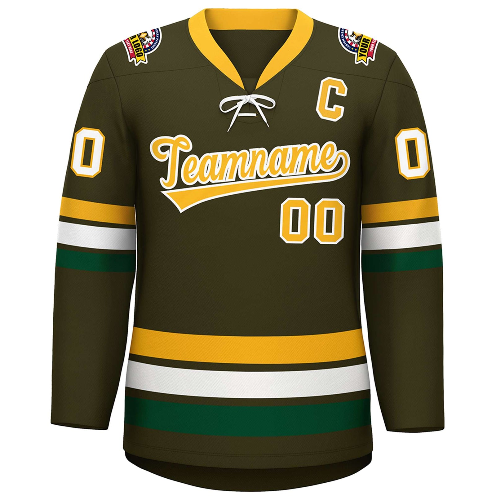 Custom Olive Yellow-White Lace-Up Neck Hockey Jersey