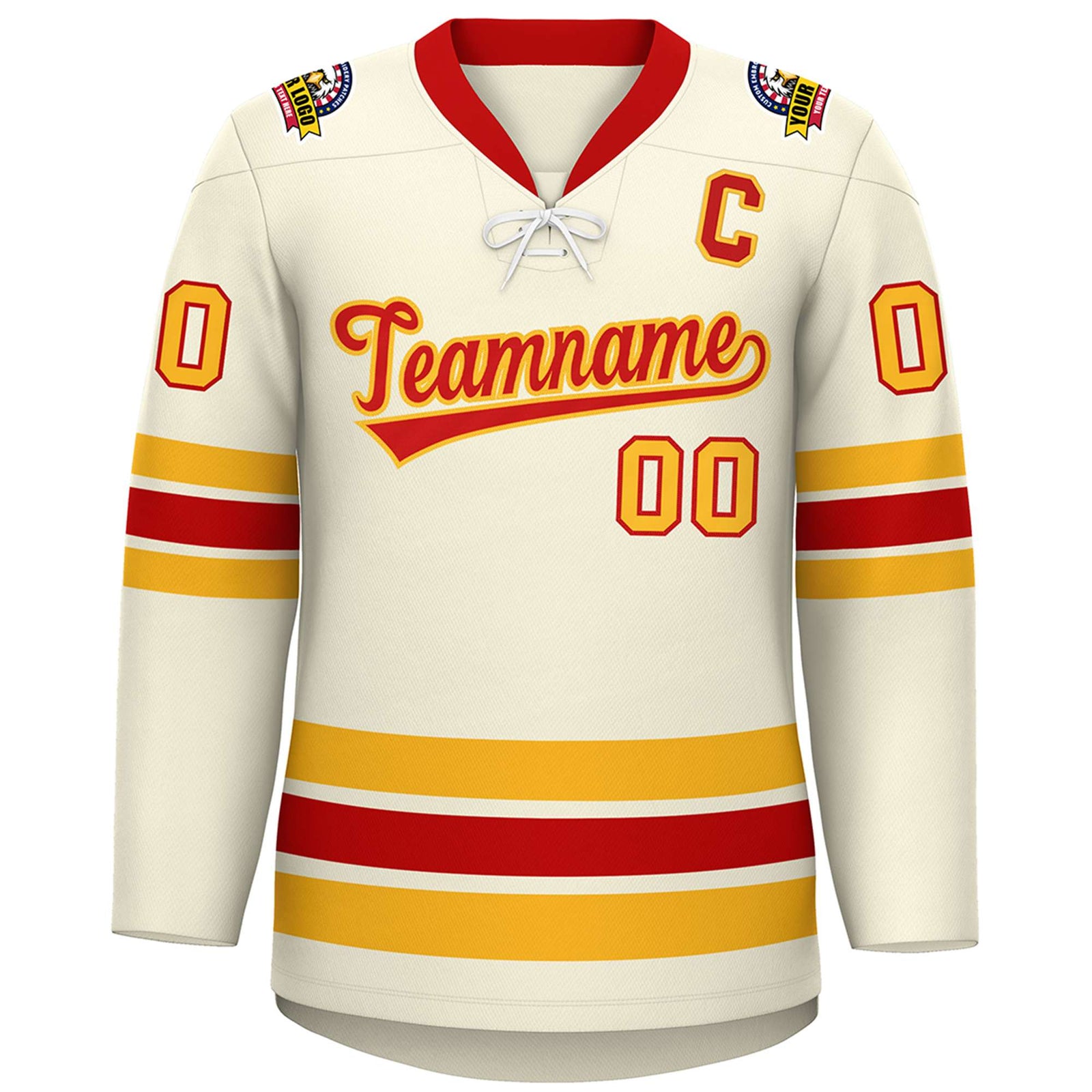 Custom Cream Red-Yellow Lace-Up Neck Hockey Jersey