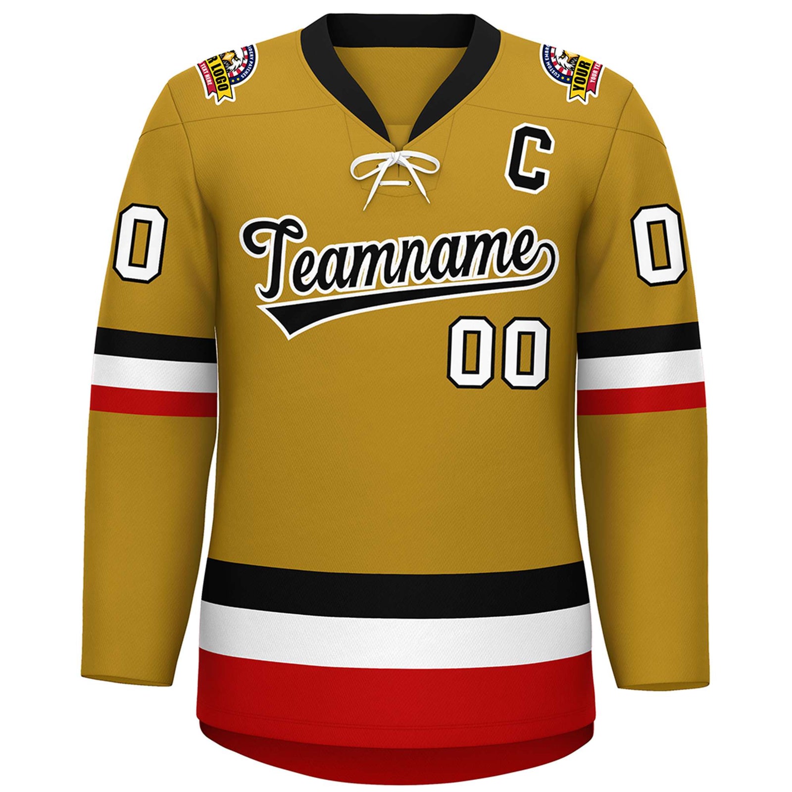 Custom Old Gold Black-White Lace-Up Neck Hockey Jersey