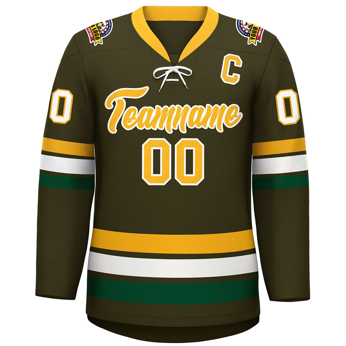 Custom Olive Yellow-White Lace-Up Neck Hockey Jersey