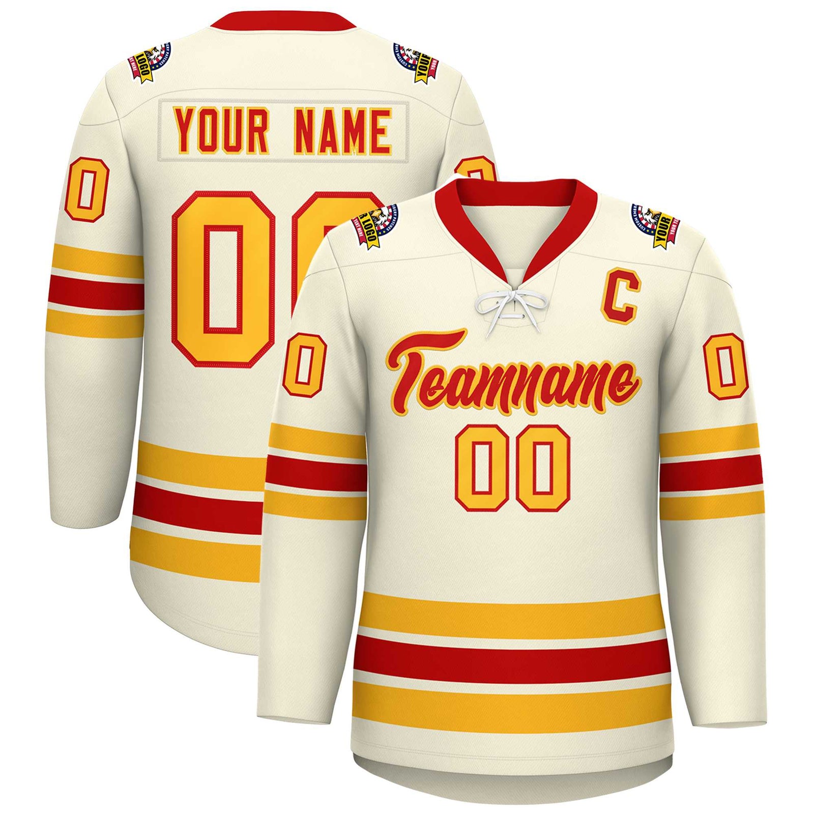 Custom Cream Red-Yellow Lace-Up Neck Hockey Jersey