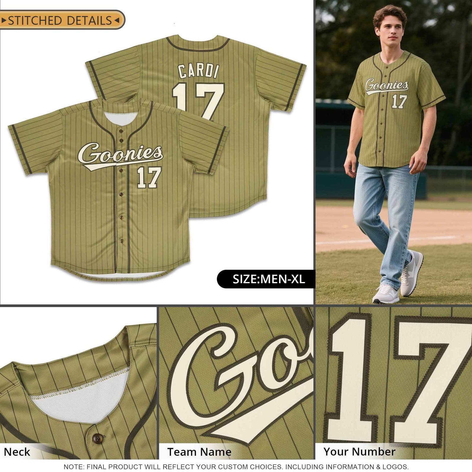 Custom Desert Yellow Olive Stripe Fashion Design Full Button Authentic Baseball Jersey