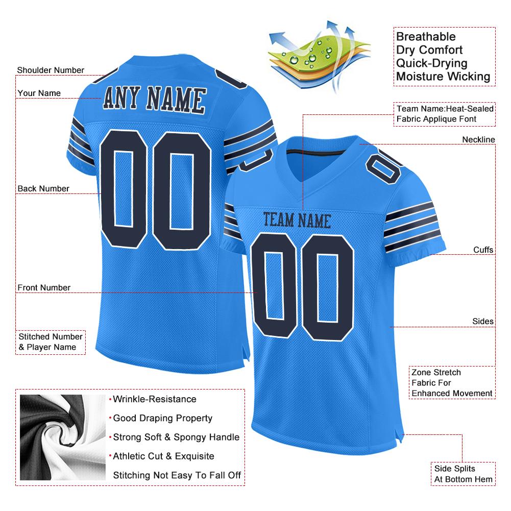 Custom Powder Blue Navy-White Classic Style Mesh Authentic Football Jersey